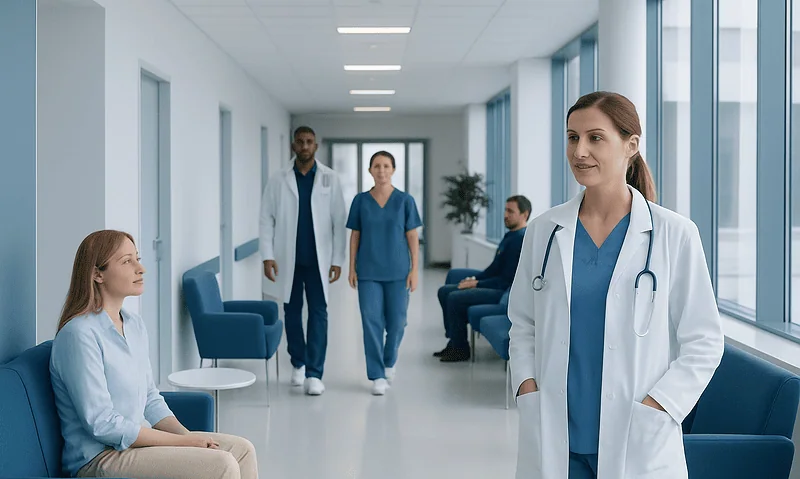Healthcare professionals and patient in a modern hospital corridor.
