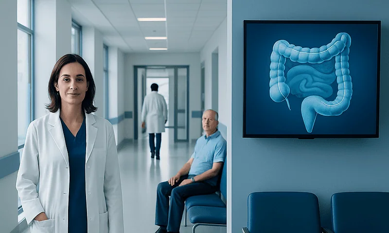Doctor and patient in hospital corridor with colon illustration on screen.