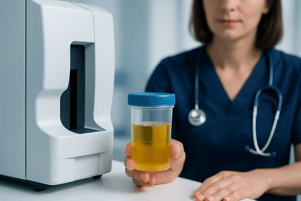 Urine test container held by a healthcare professional in a clinical setting.