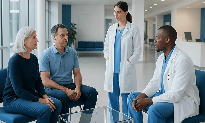 Medical consultation with diverse healthcare professionals at Acibadem Hospital.