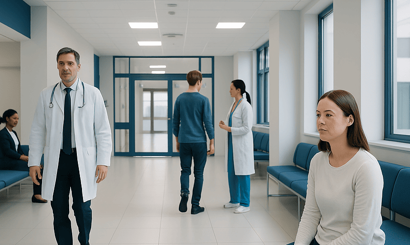Patients and doctors in a modern hospital corridor at Acibadem Hospitals Group.