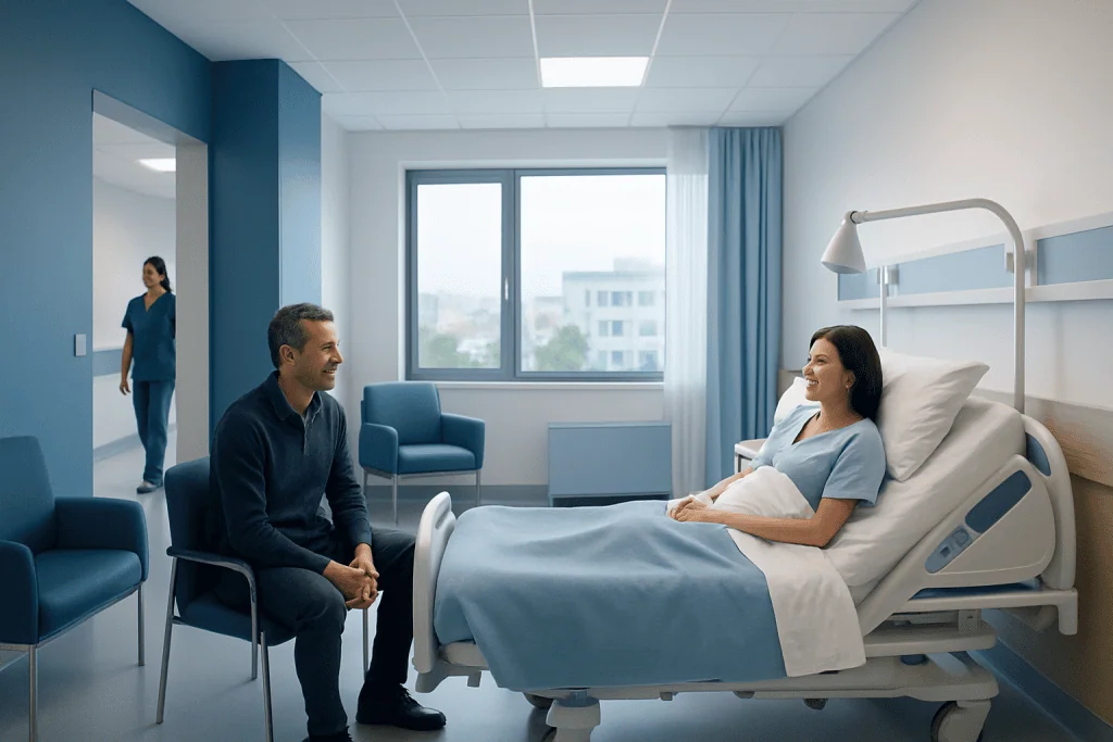 How to Stay Comfortable During a Multi-Day Hospital Stay in Turkey 1 Patient in hospital bed talking to visitor in a modern hospital room.