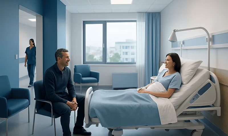 Patient in hospital bed talking to visitor in a modern hospital room.