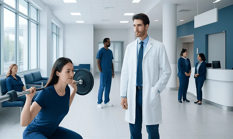 Patient performing squat exercise with medical staff observing in hospital setting.