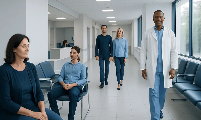 Healthcare professionals and patients in a modern hospital corridor.