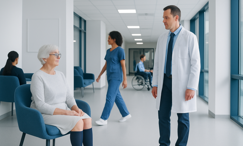 Doctor consulting elderly patient in hospital corridor.
