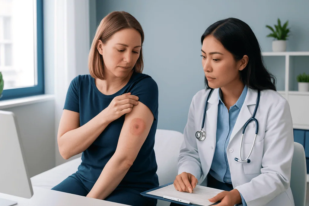 Doctor examines a woman's arm with a tick bite in a medical consultation.