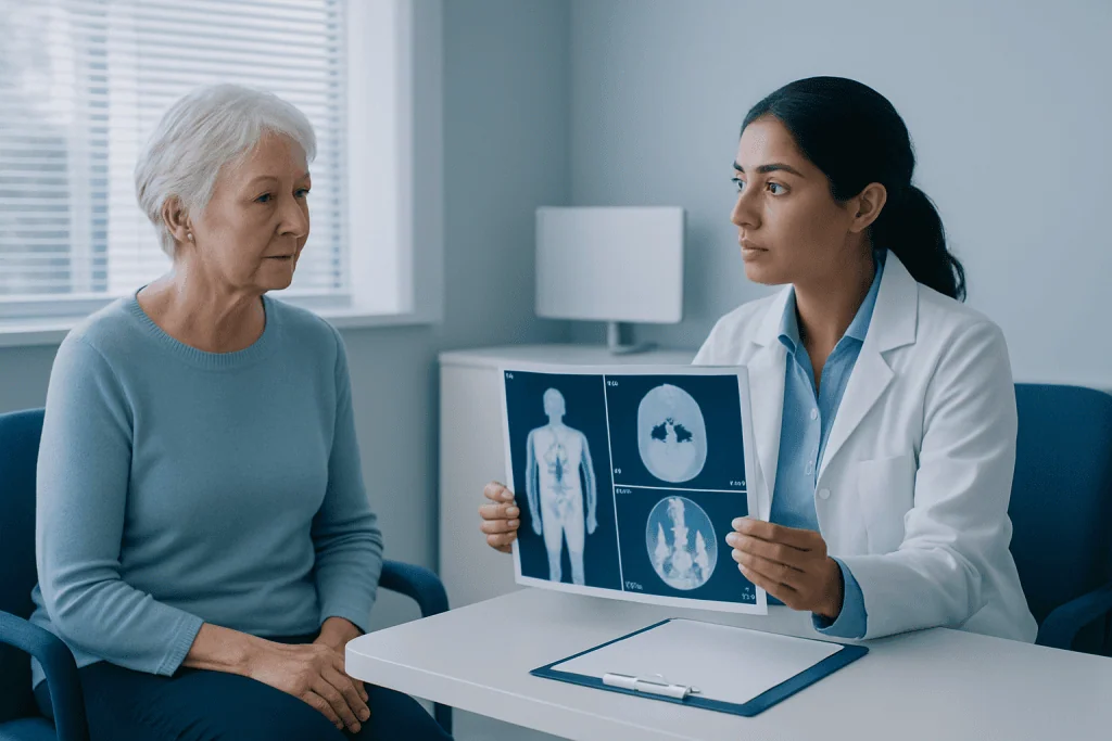 Doctor explaining nuclear medicine scan results to elderly woman in clinic.