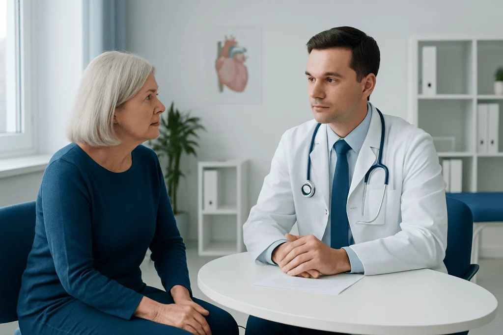 Doctor consulting with an elderly female patient in a medical office.