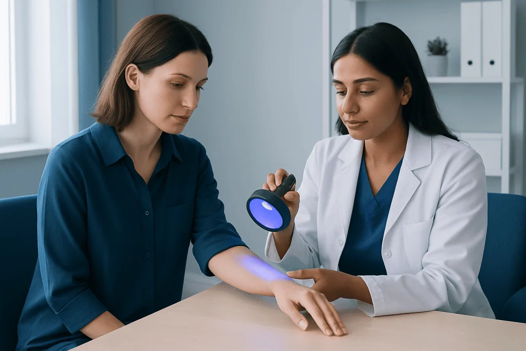 Doctor using Woods Lamp to examine patient's skin in a clinical setting.