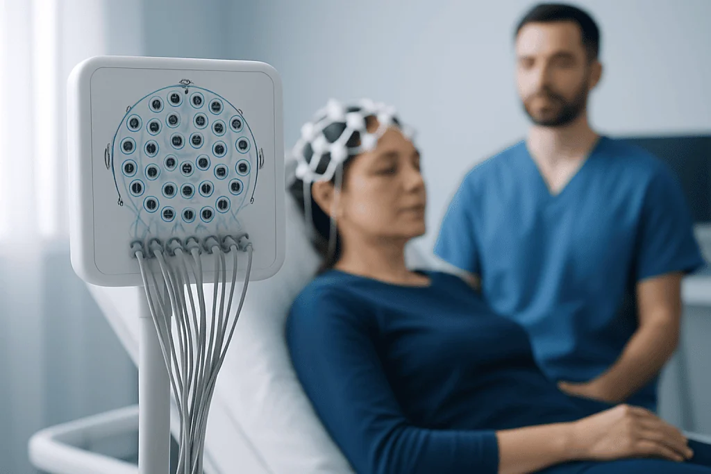 EEG machine with electrodes connected to a patient in a hospital room.