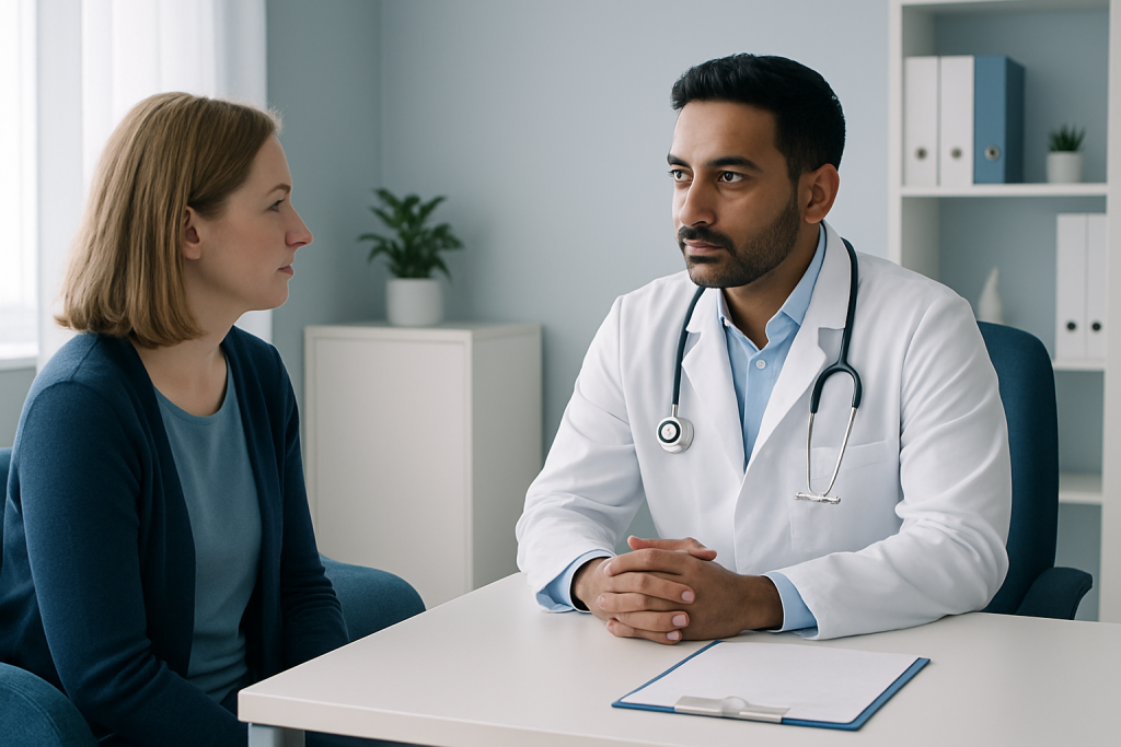 Doctor consulting with a female patient in a modern clinic setting.