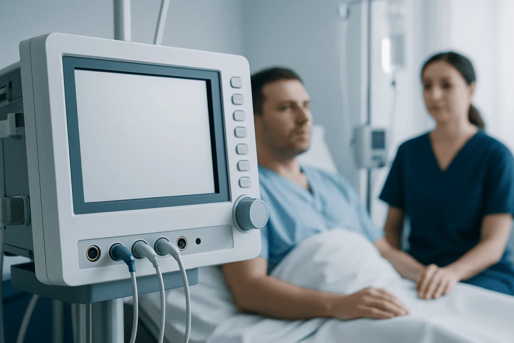 Medical monitor in hospital room with patient and nurse in background.