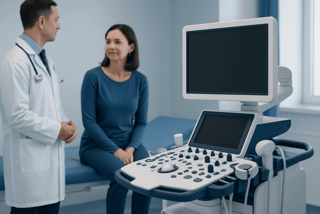 Doctor and patient in a medical consultation room with ultrasound equipment.