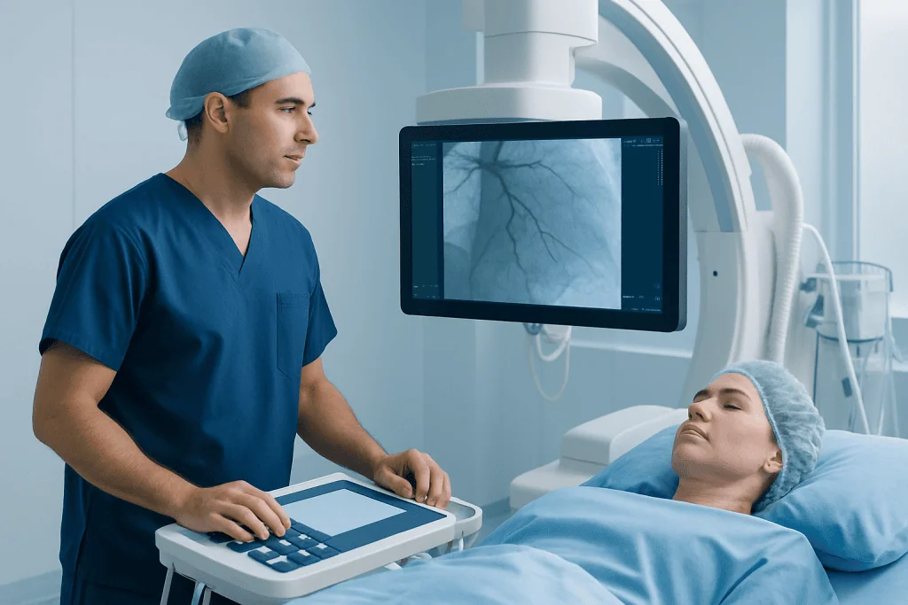 Interventional cardiologist monitoring a patient during a procedure at Acibadem Hospital.