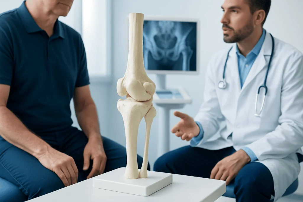Orthopedic consultation with a knee joint model at Acibadem Hospitals Group.