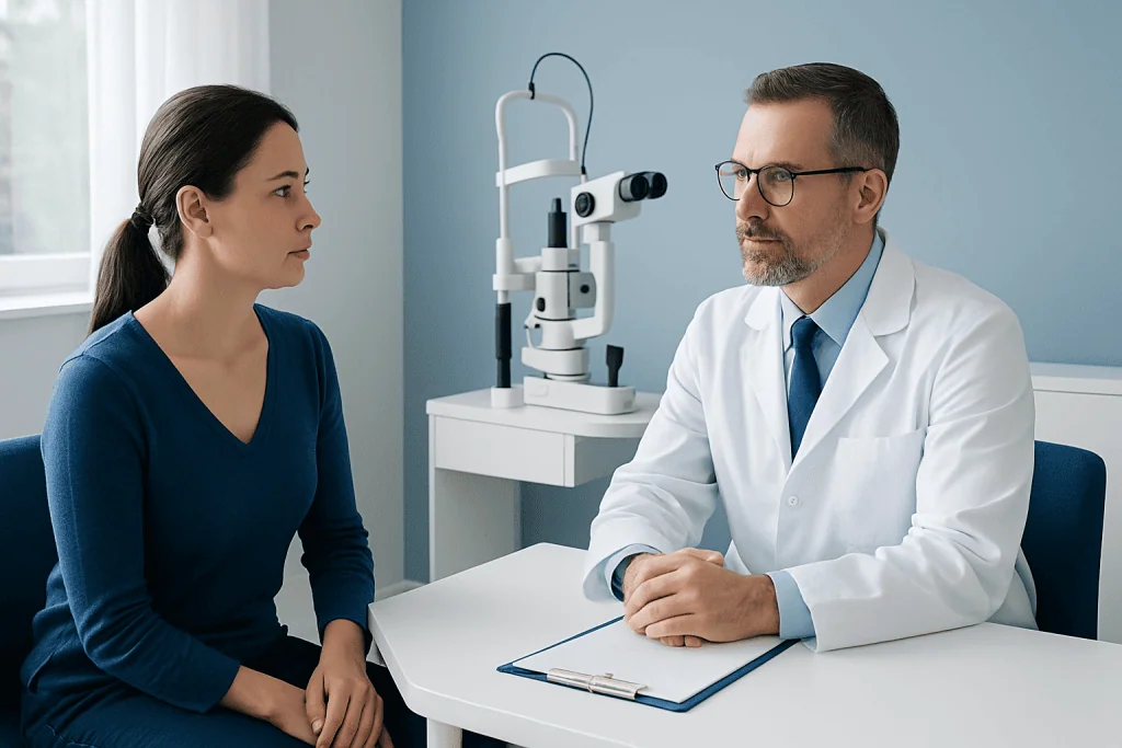 Ophthalmologist consulting with a patient in a clinical setting.