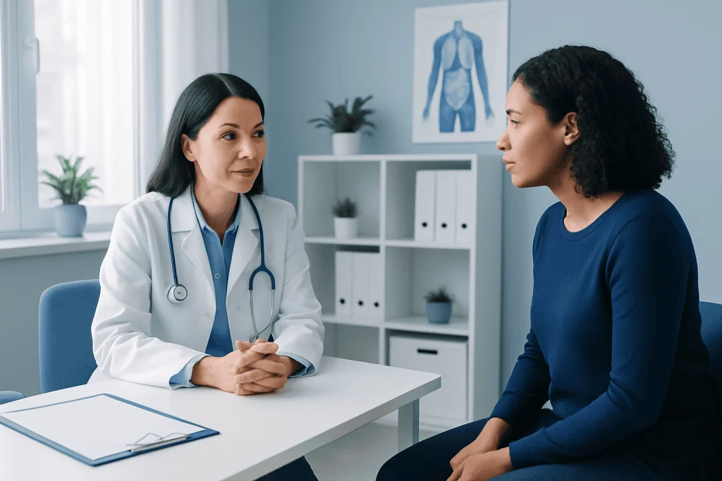 Doctor consulting with a patient in a modern medical office setting.