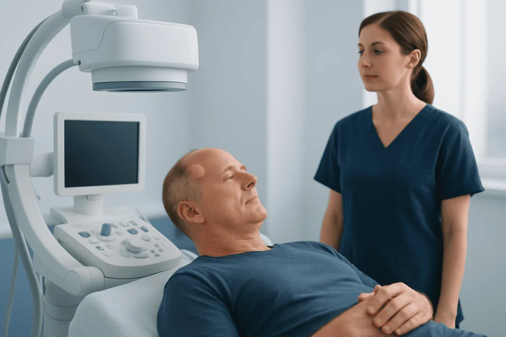 Patient undergoing a medical scan at Acibadem Hospital with healthcare professional present.