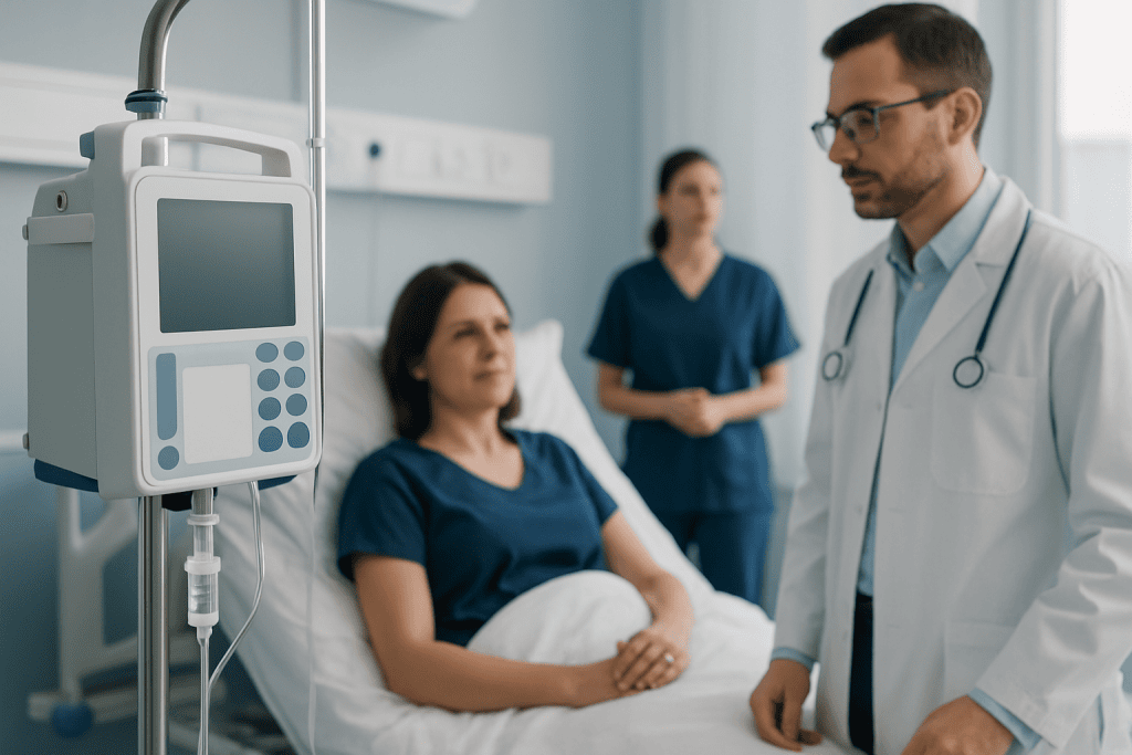 Doctor consulting patient in hospital room with medical equipment.
