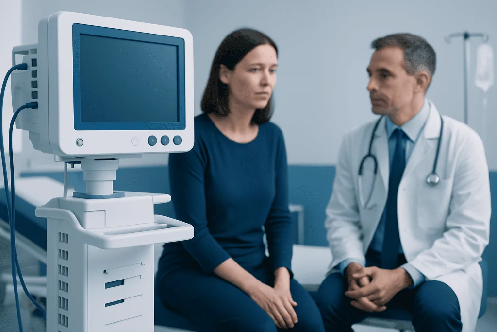 Doctor consulting a patient in a hospital room with medical equipment.