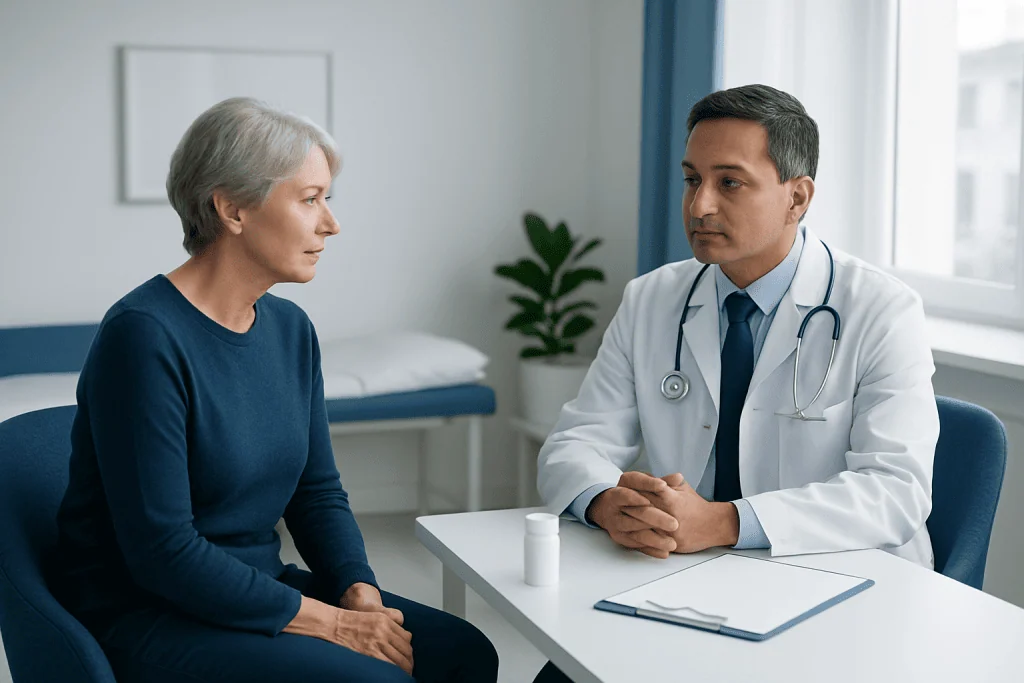 Doctor consulting with an elderly female patient in a medical office.