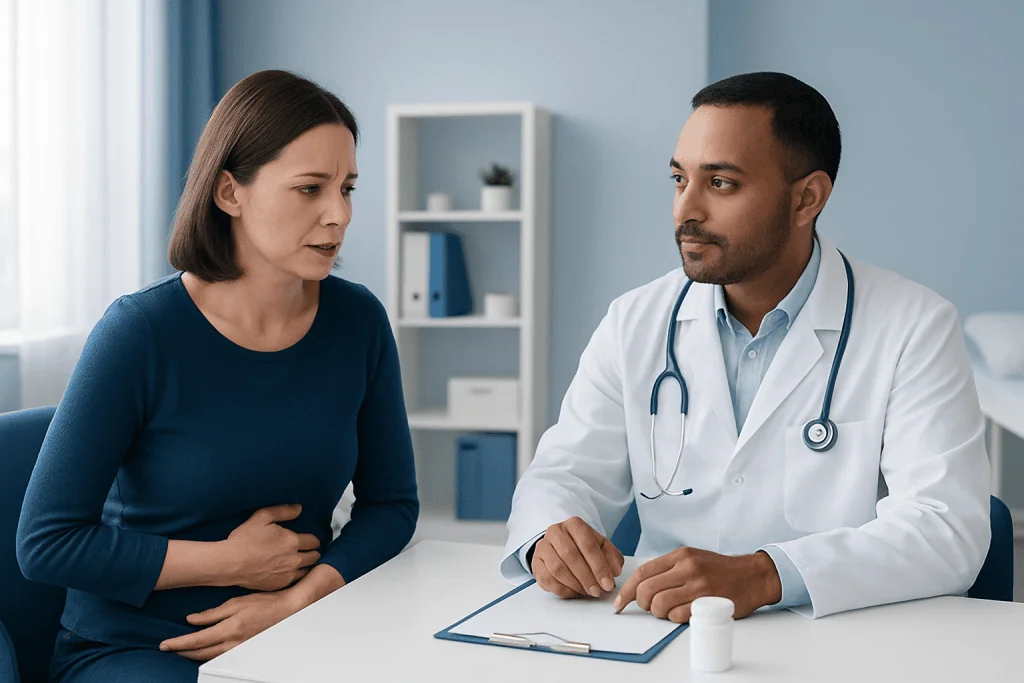 Doctor consulting with a woman patient in a medical office.