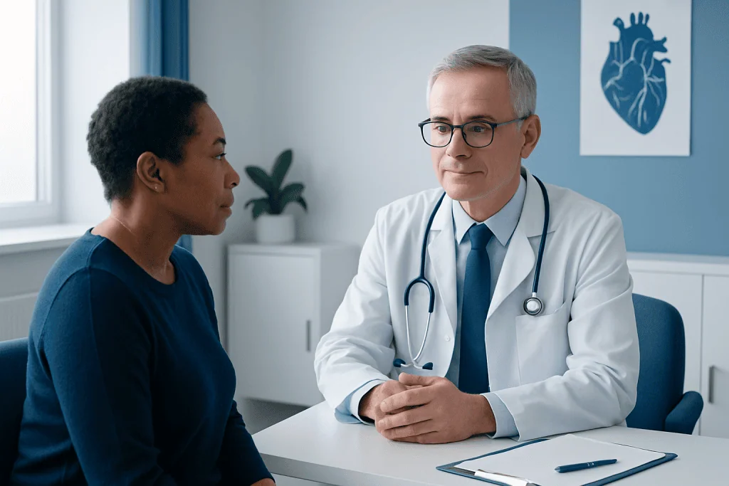 Doctor consulting with a patient in a modern hospital room.
