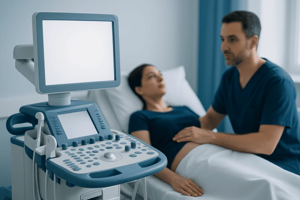 Medical ultrasound machine beside a patient and doctor in hospital room.