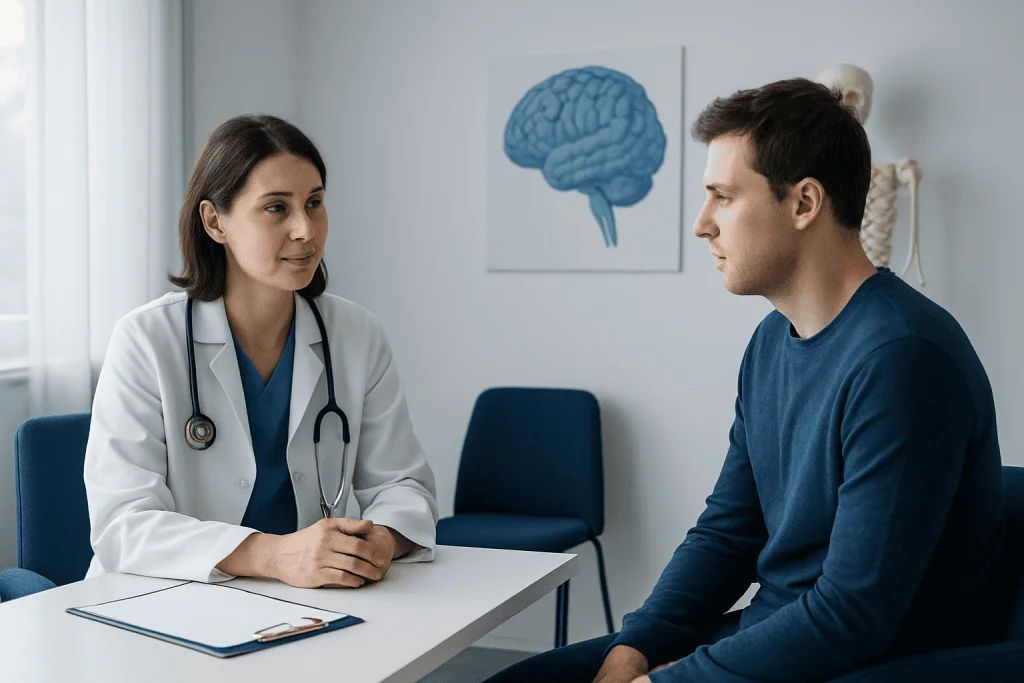 Doctor consulting patient about neurological sleep testing at Acibadem Hospital.