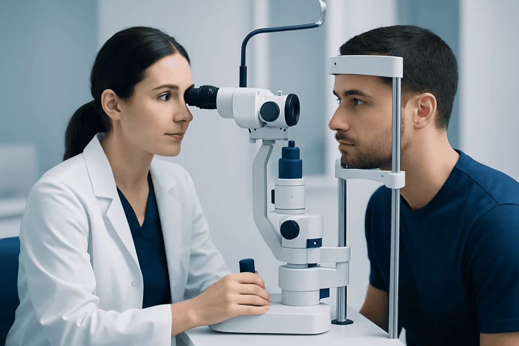 Ophthalmologist examining patient's eyes with slit lamp at Acibadem Hospital.