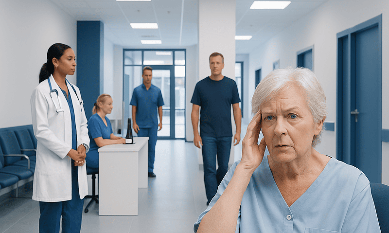 Elderly woman experiencing headache in hospital corridor with medical staff and visitors.