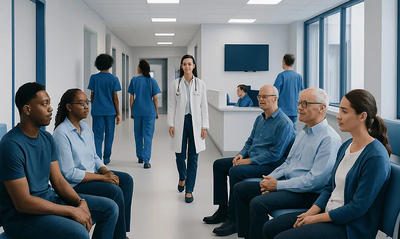 Medical team and patients in a hospital waiting area with healthcare professionals.