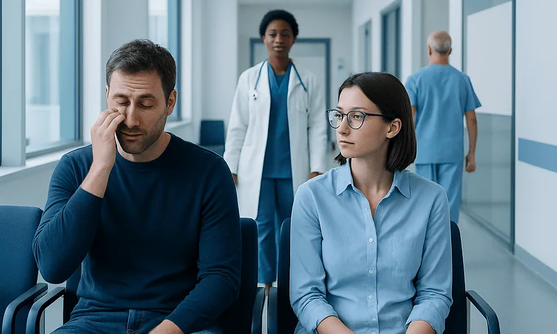 Patient experiencing eye discomfort in a hospital corridor.
