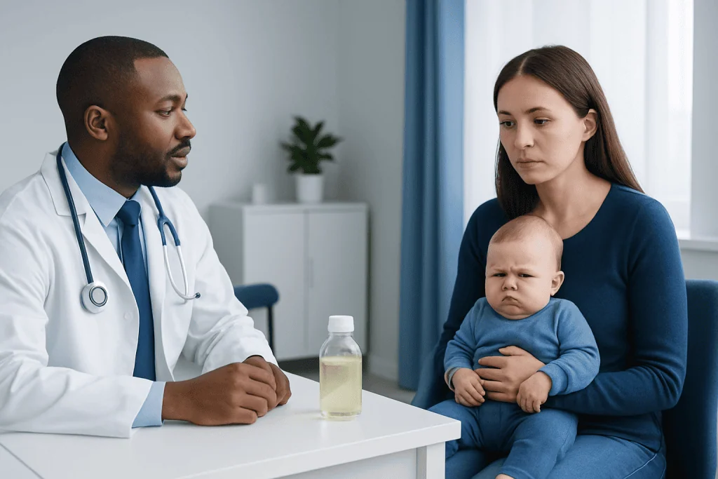 Doctor consulting with mother and baby in a medical office setting.