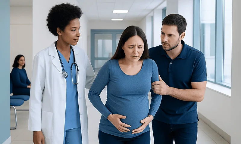 Pregnant woman receiving support from partner and healthcare professional in hospital corridor.