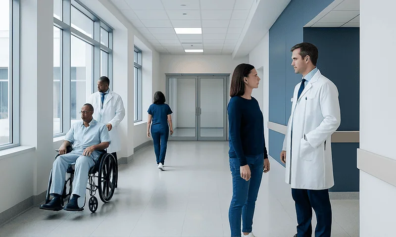 Medical professionals and patients in a modern hospital corridor.