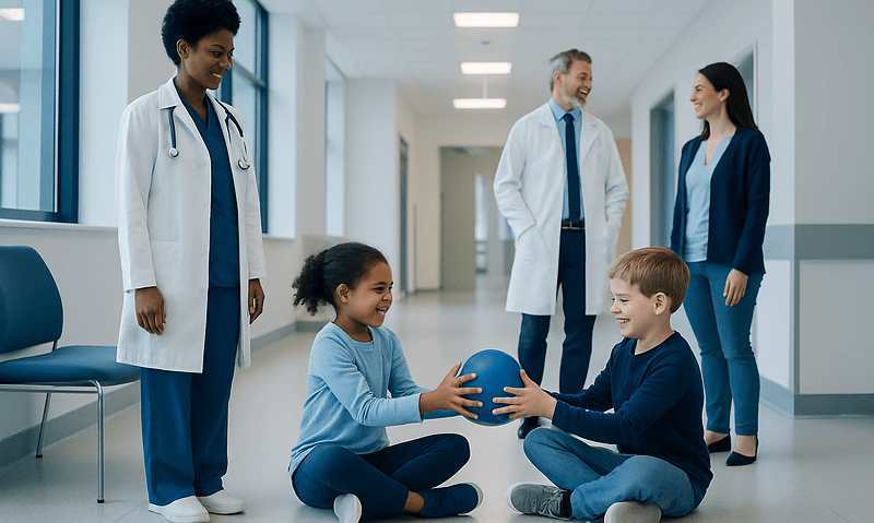 Children playing with a ball in a hospital corridor with medical staff nearby.