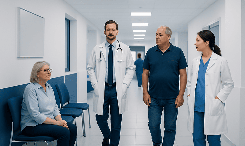 Medical team consulting with patient in hospital corridor.