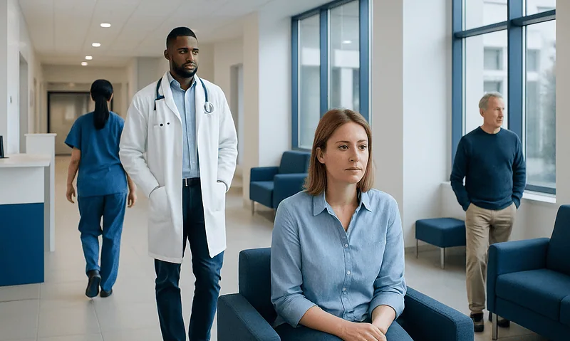Patients waiting in a modern hospital corridor with medical staff nearby.