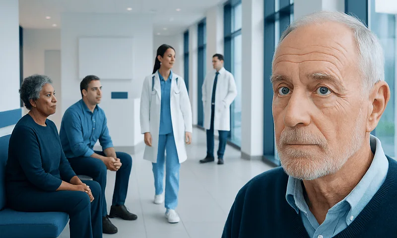Senior man in hospital waiting area with medical staff and patients.