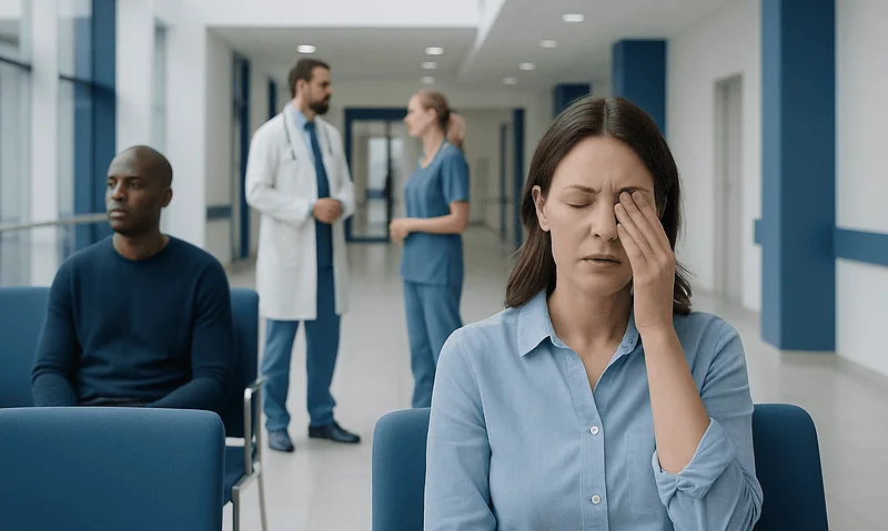 Patient experiencing eye discomfort in hospital waiting area.