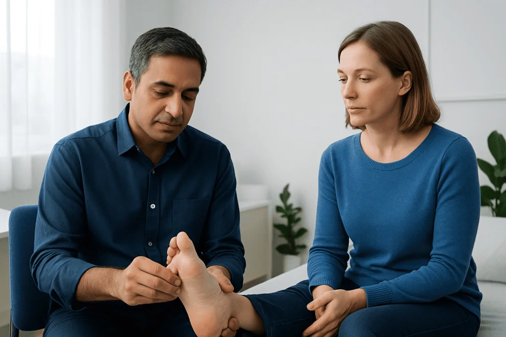 Doctor examining patient's foot for skin condition or lesion.
