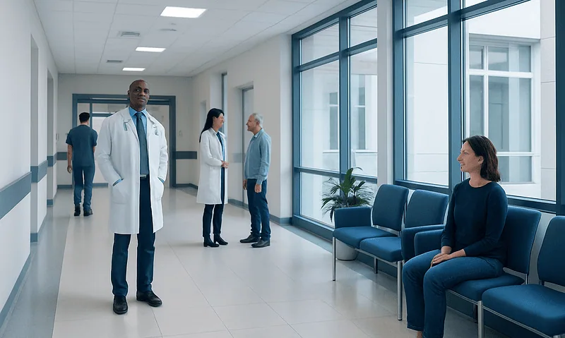 Medical professionals and patient in hospital corridor at Acibadem Hospitals Group.