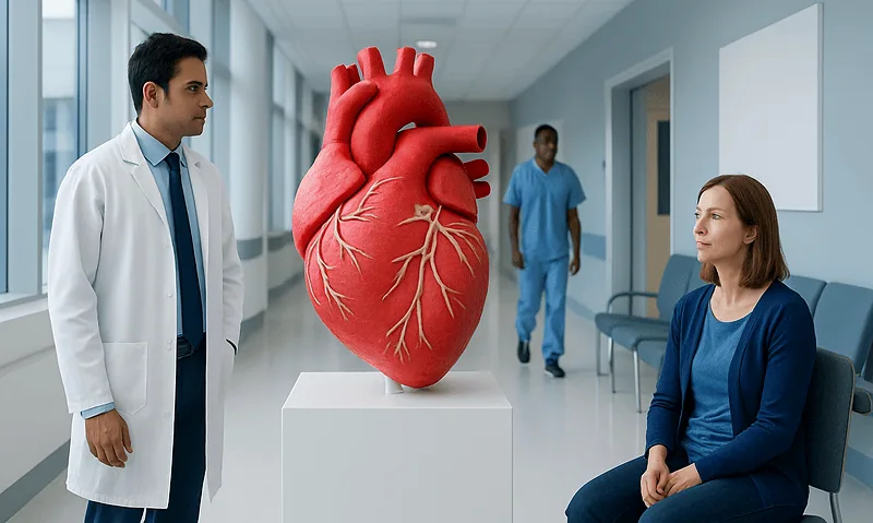 Medical professionals examining a large heart model in a hospital corridor.