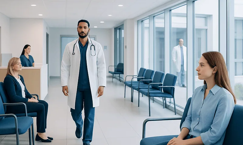 Doctor consulting patients in a modern hospital waiting area.