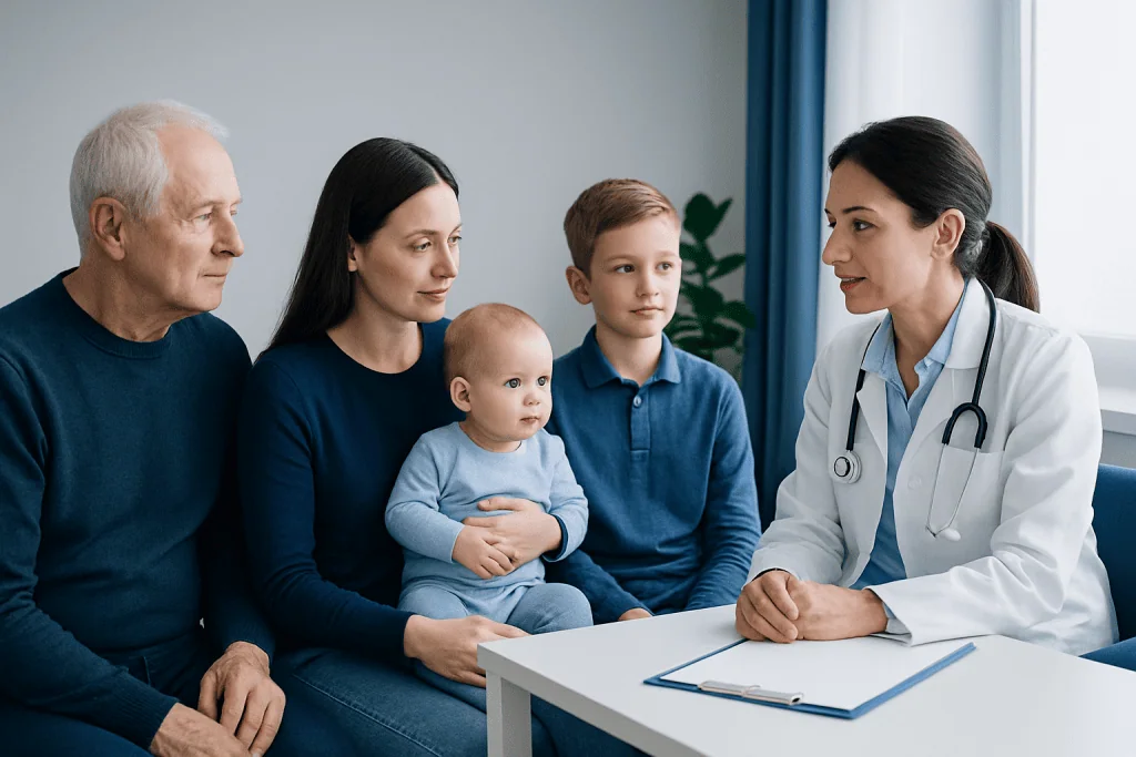 Family consulting with a doctor in a medical office setting.