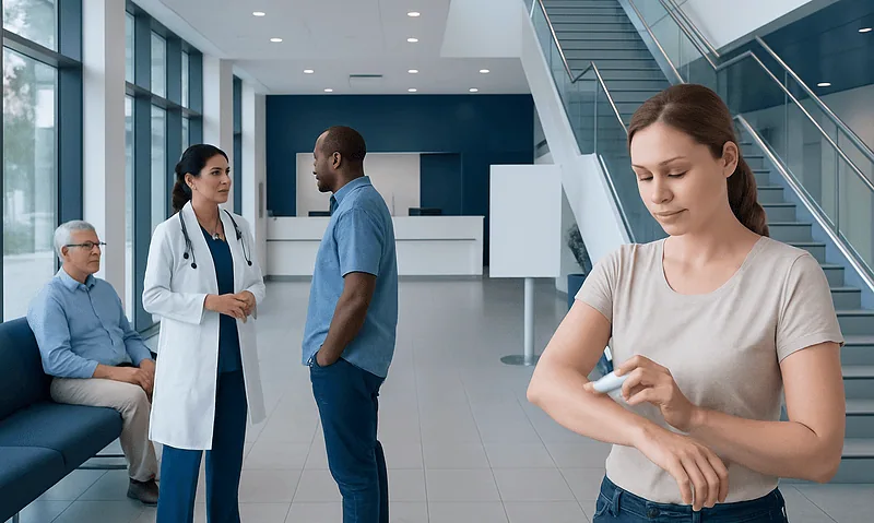 Young woman applying cream in a hospital waiting area with medical staff and patient.