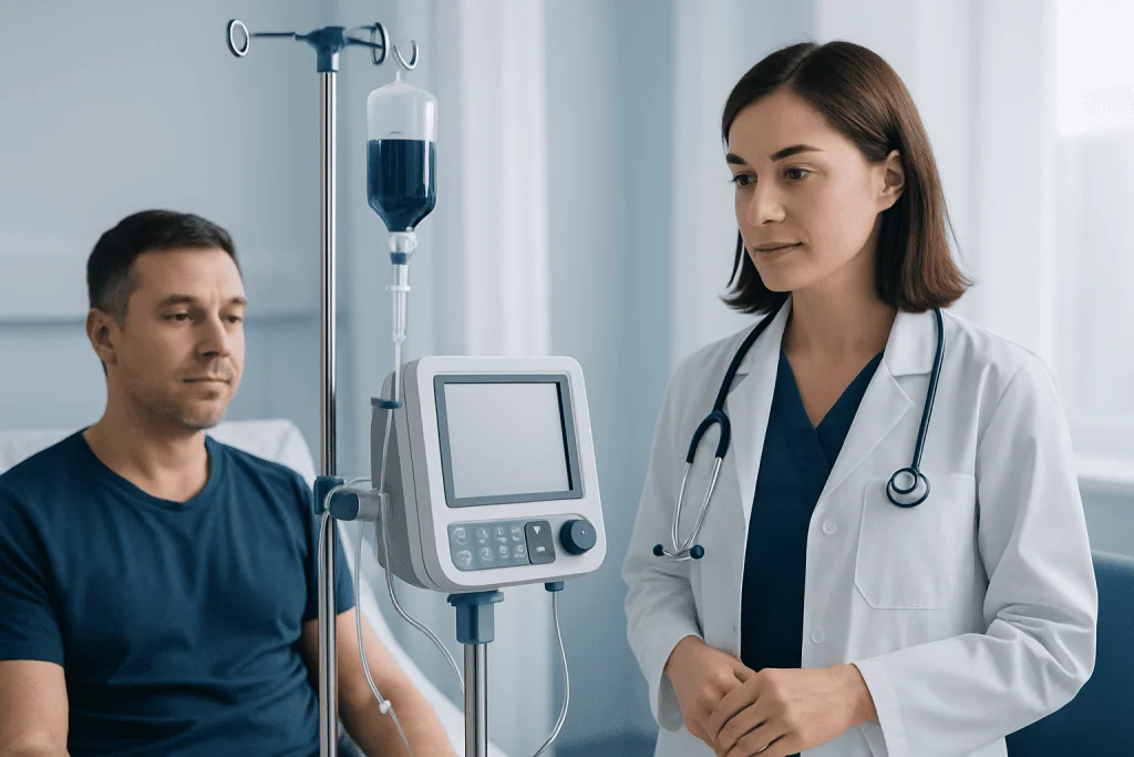 Doctor and patient in hospital with IV drip and medical monitor.