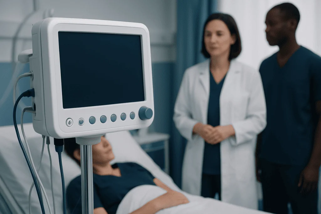 Medical professionals monitoring patient in hospital room with medical equipment.